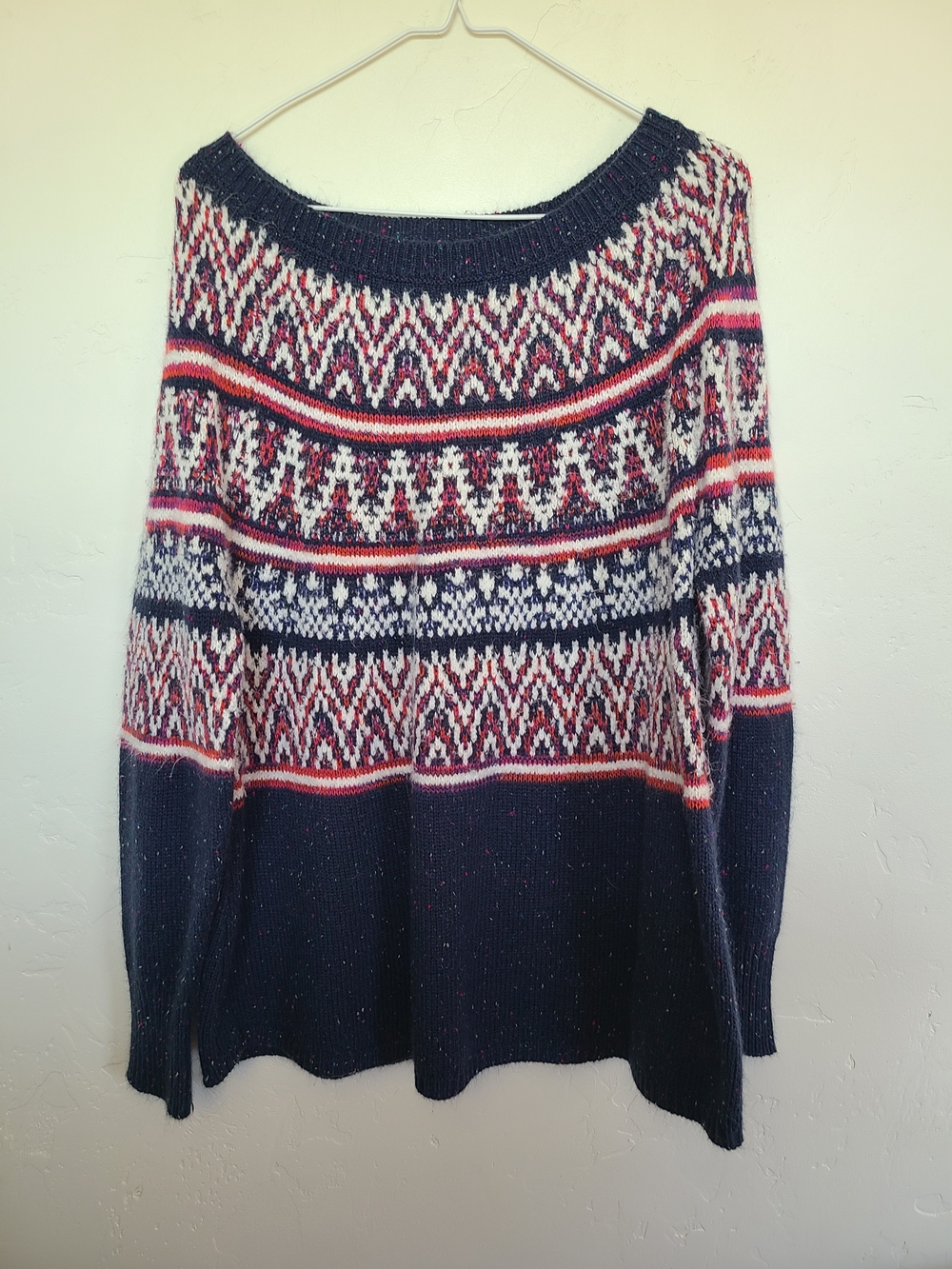 Natural Reflections Navy Fair Isle Crewneck Sweater with White and Red Accents
